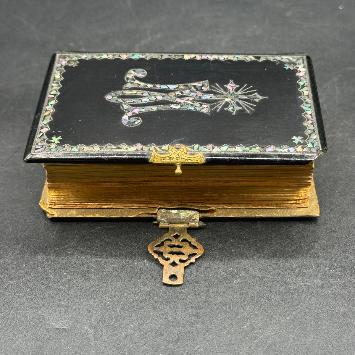 Antique 1882 Portuguese Bible with Gold Trim, Brass, Celluloid & Inlaid Abalone
