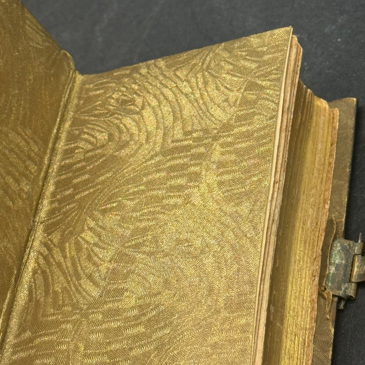 Antique 1882 Portuguese Bible with Gold Trim, Brass, Celluloid & Inlaid Abalone