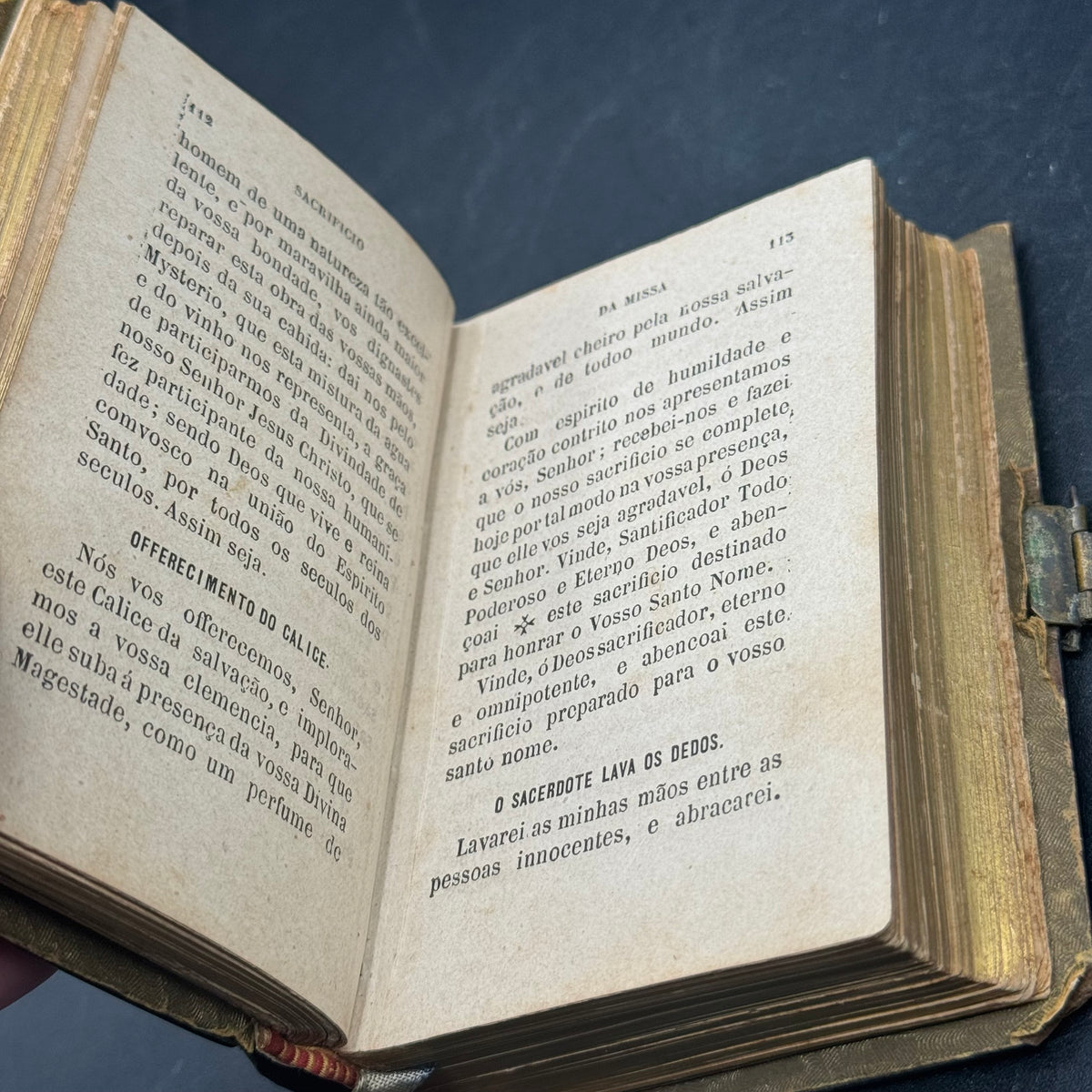 Antique 1882 Portuguese Bible with Gold Trim, Brass, Celluloid & Inlaid Abalone