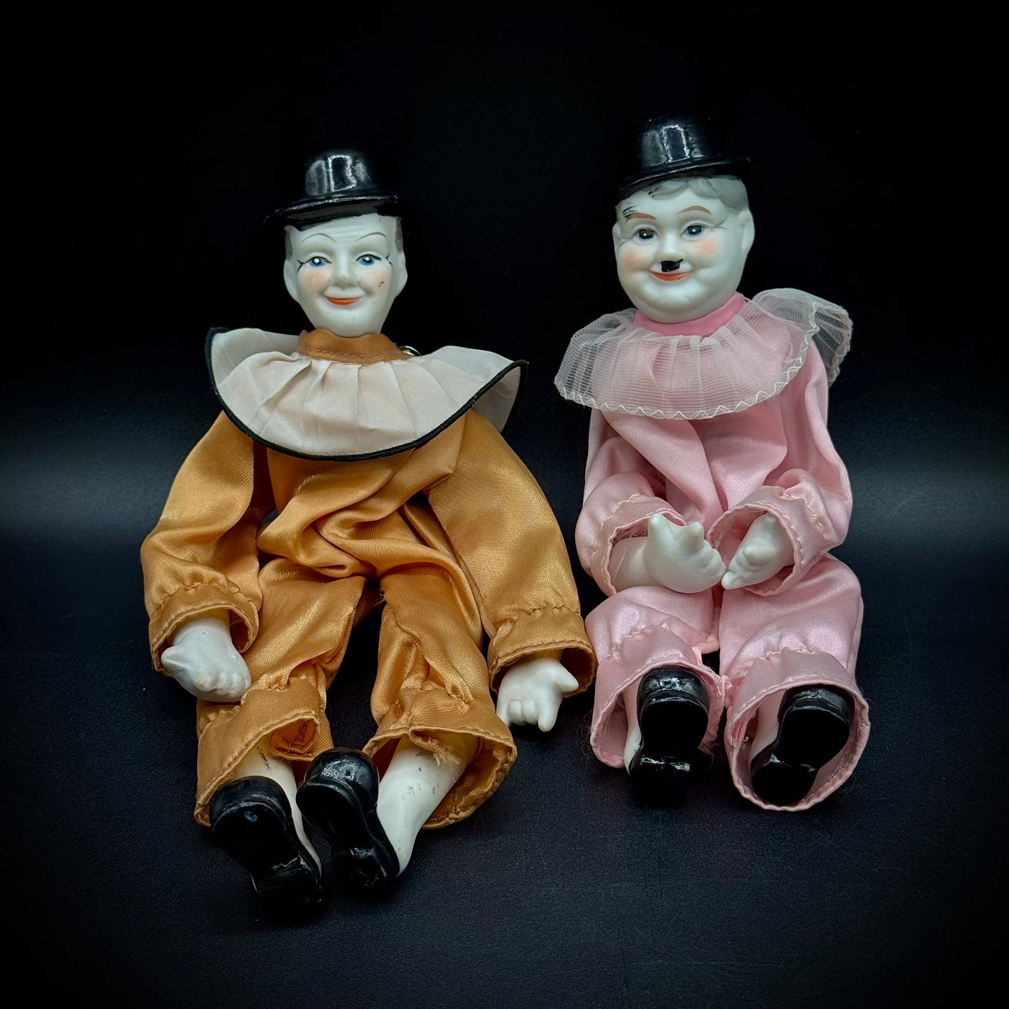 Vintage Laurel & Hardy Clown/Jester Bisque Porcelain Dolls