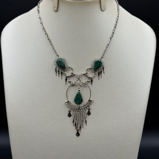 BoHo Chic Silver Metal Necklace with Green Malachite Accents