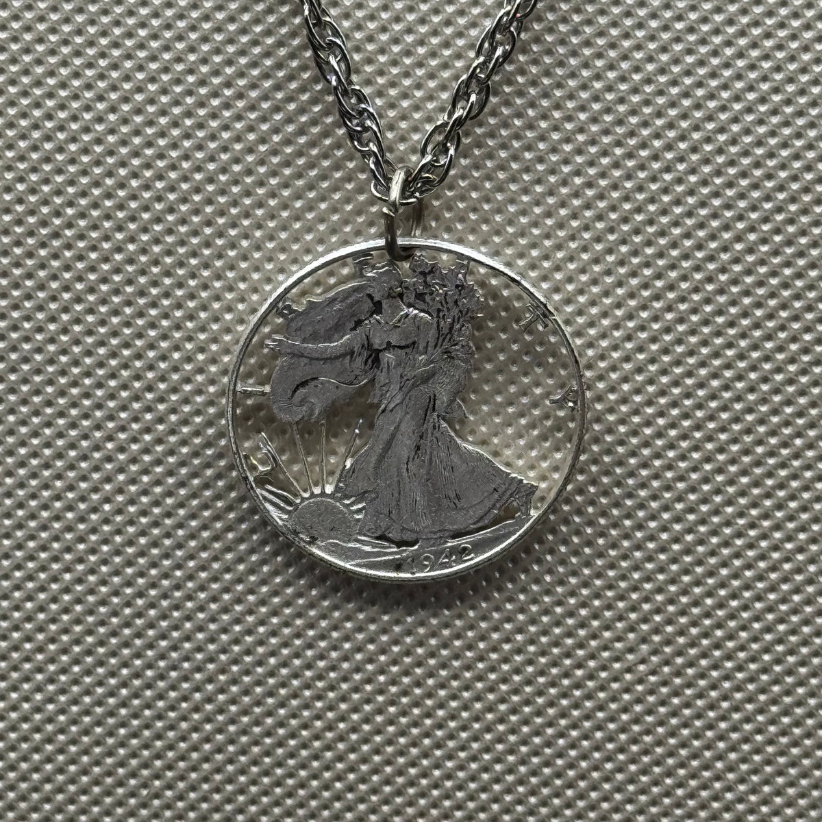 Carved 1942 Silver Liberty Coin Necklace on Silver Tone Chain