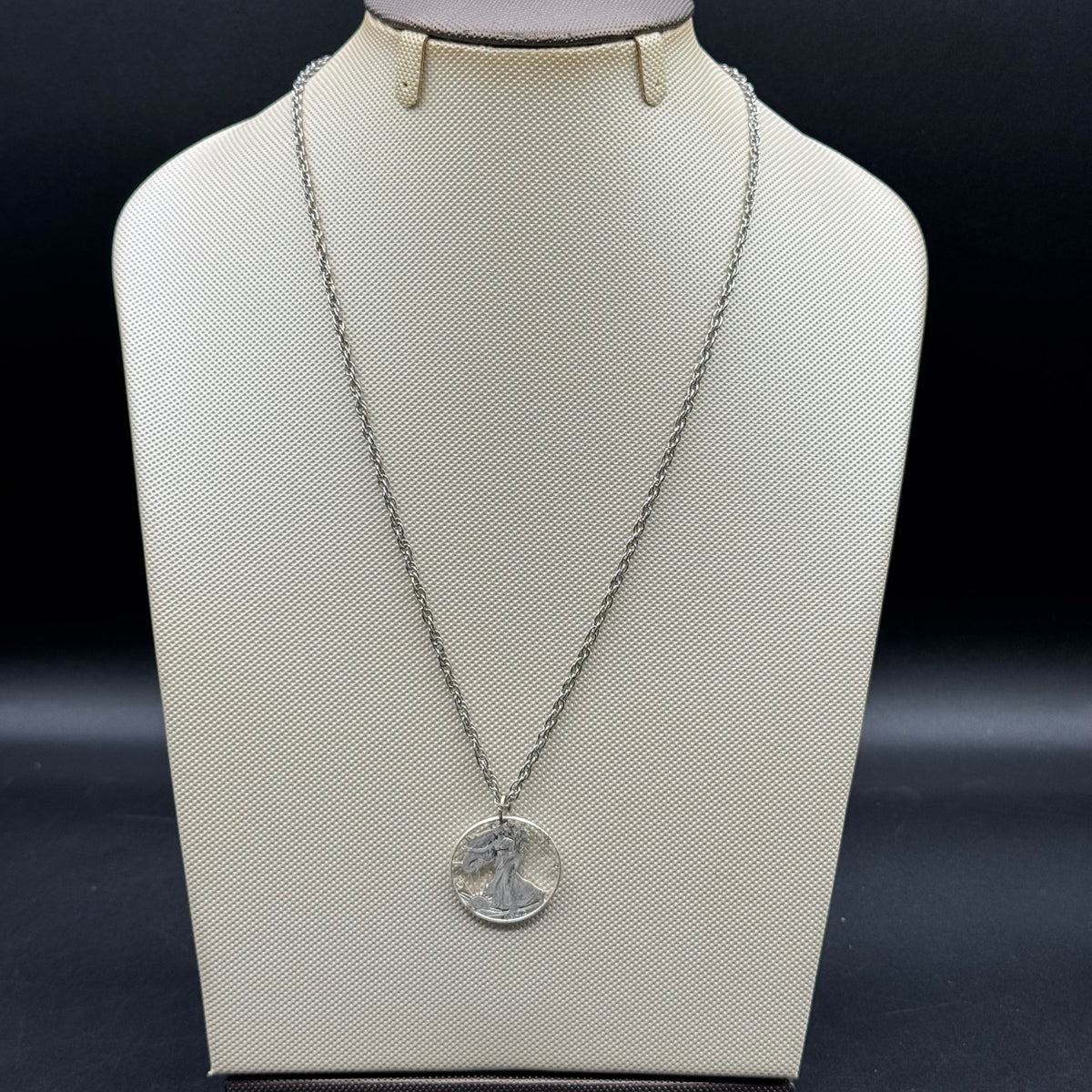 Carved 1942 Silver Liberty Coin Necklace on Silver Tone Chain
