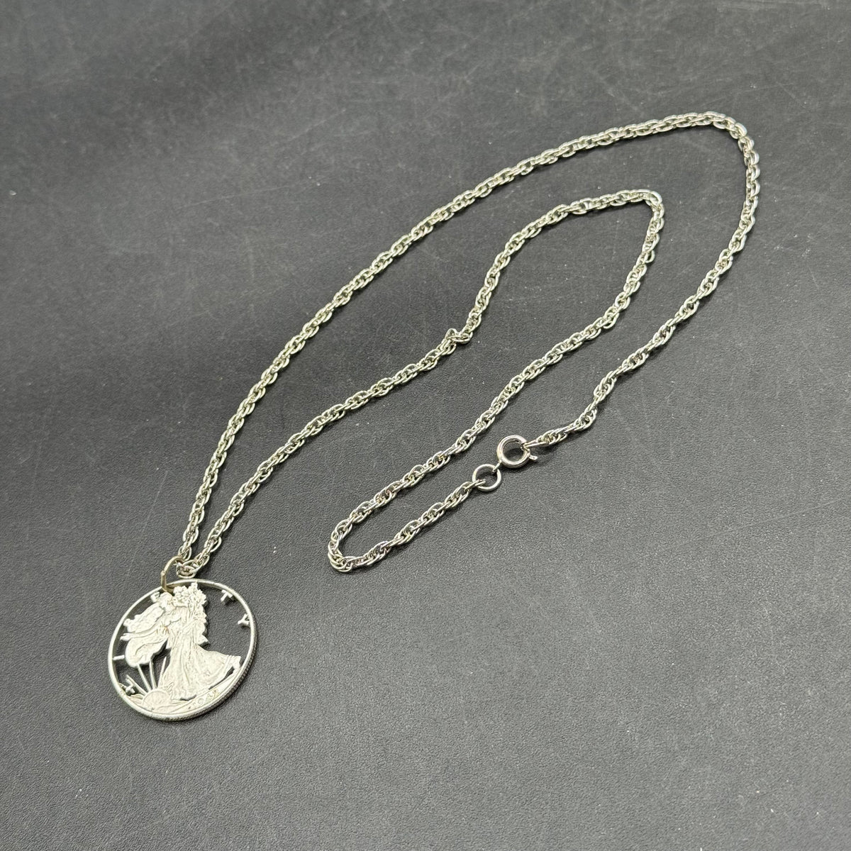 Carved 1942 Silver Liberty Coin Necklace on Silver Tone Chain