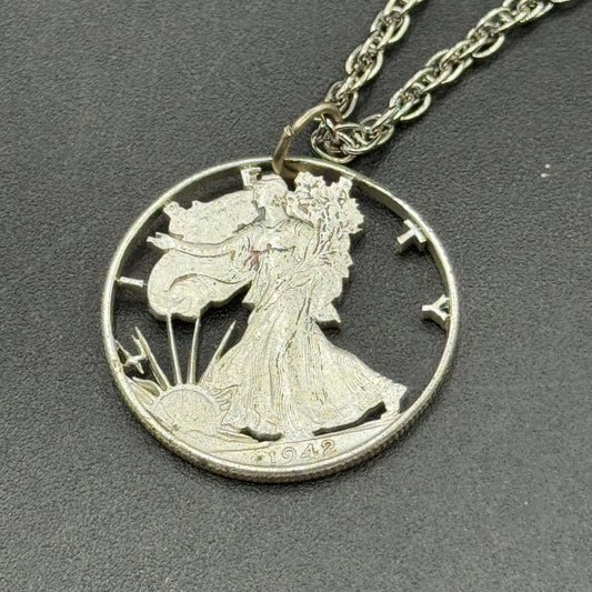 Carved 1942 Silver Liberty Coin Necklace on Silver Tone Chain