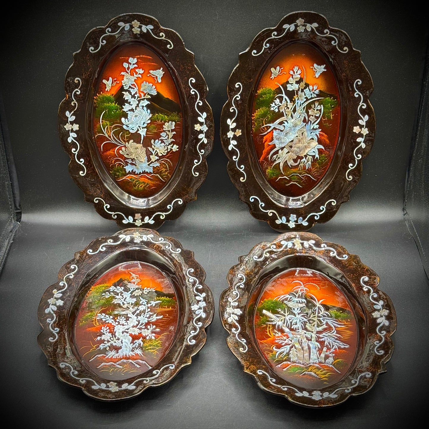 Four Piece Vintage Asian Lacquerware & Inlaid Mother of Pearl Hanging Trays