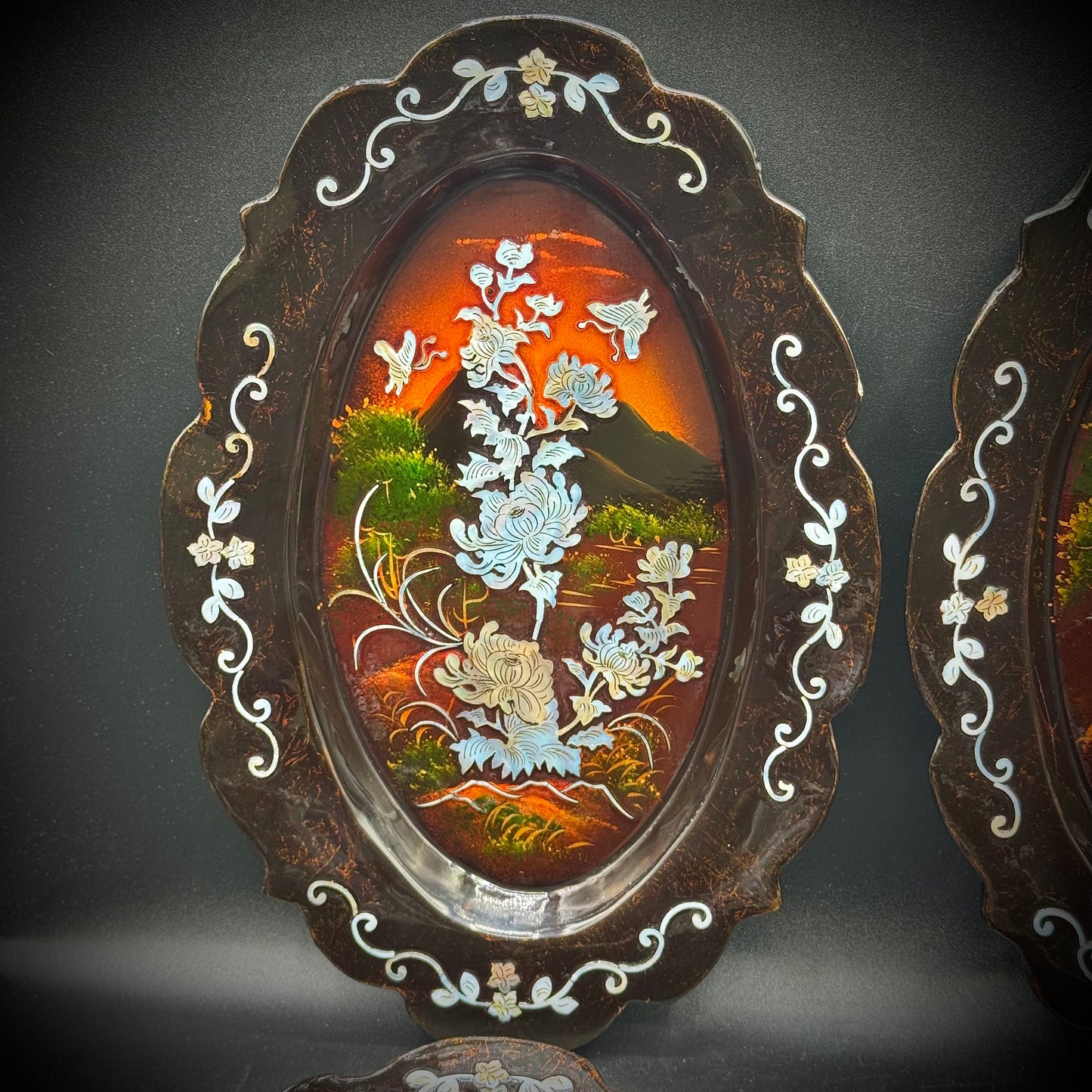 Four Piece Vintage Asian Lacquerware & Inlaid Mother of Pearl Hanging Trays