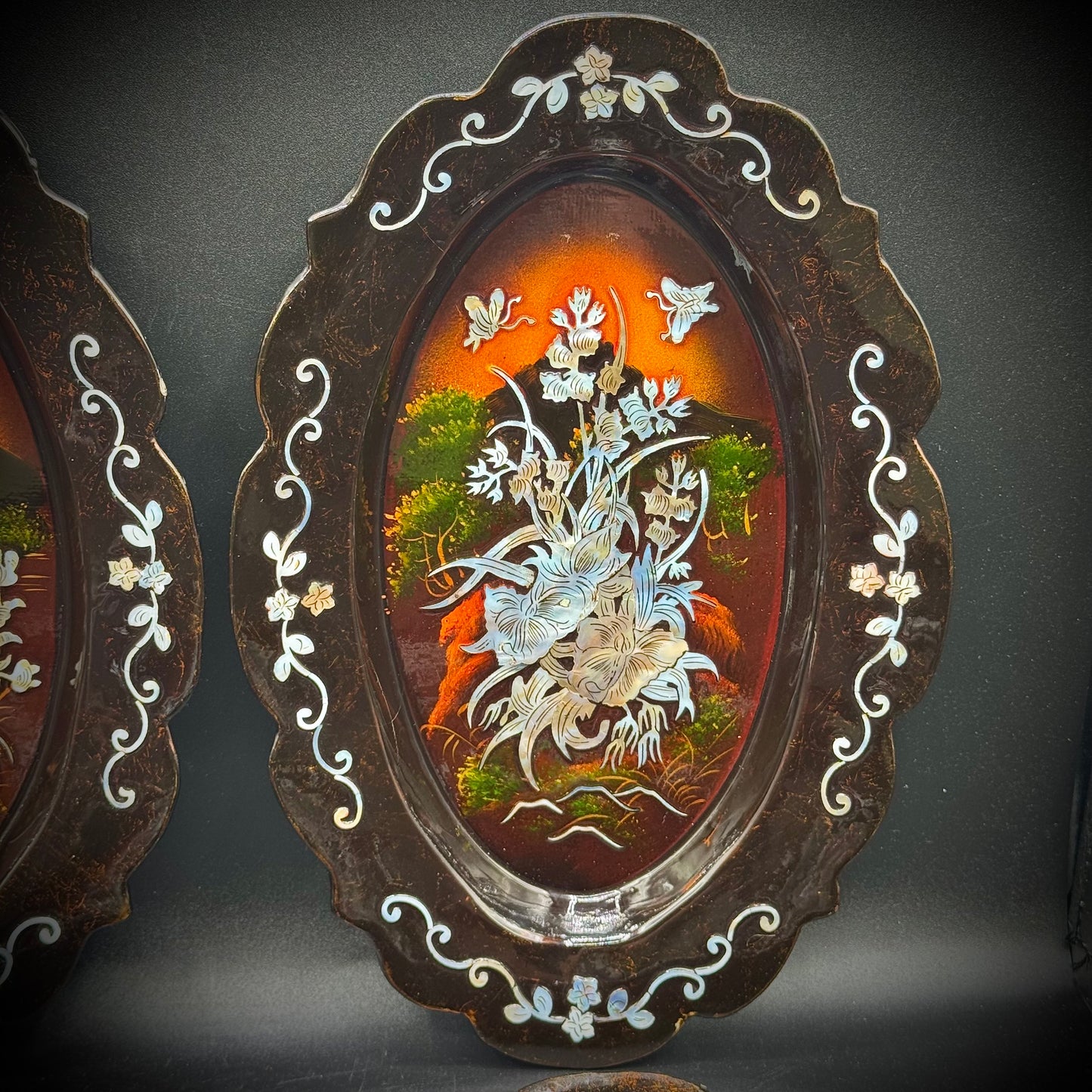 Four Piece Vintage Asian Lacquerware & Inlaid Mother of Pearl Hanging Trays