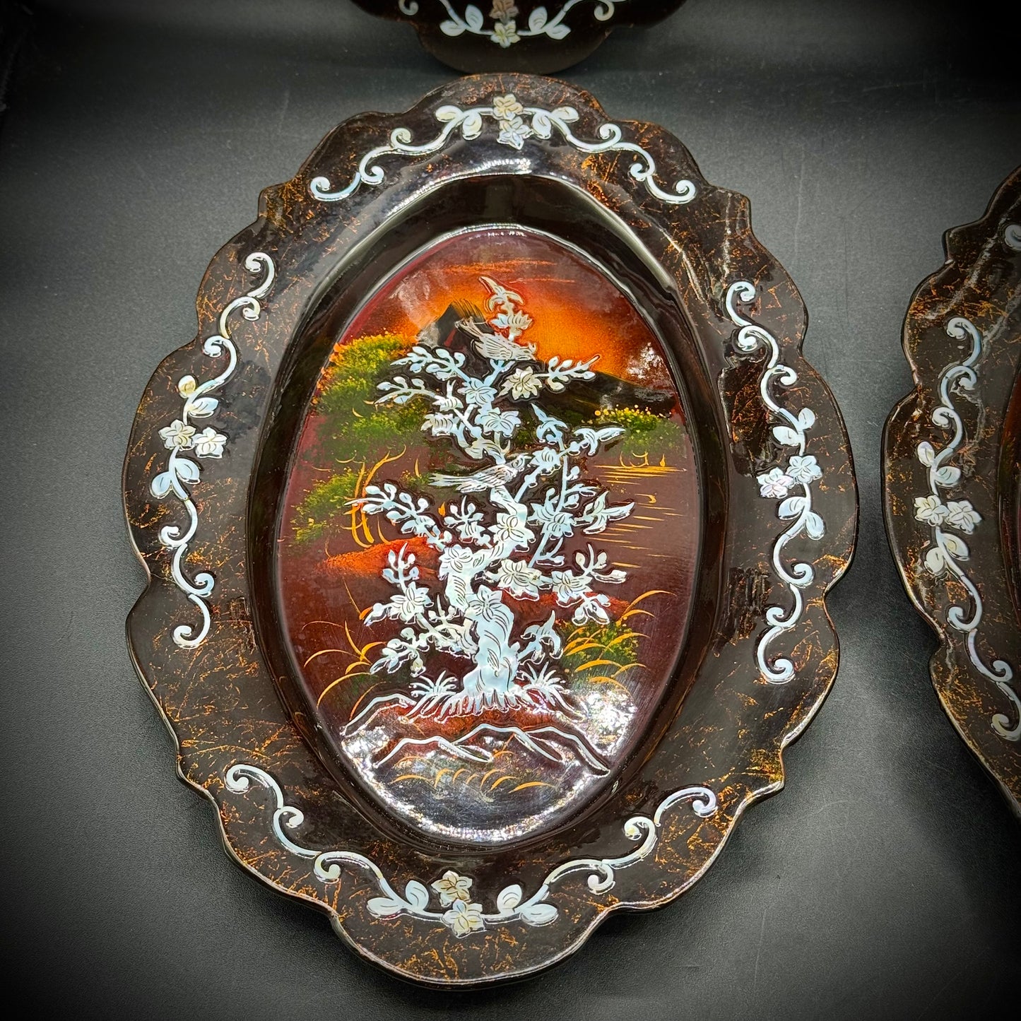 Four Piece Vintage Asian Lacquerware & Inlaid Mother of Pearl Hanging Trays