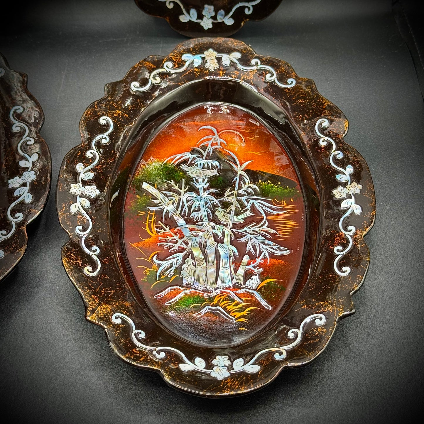 Four Piece Vintage Asian Lacquerware & Inlaid Mother of Pearl Hanging Trays