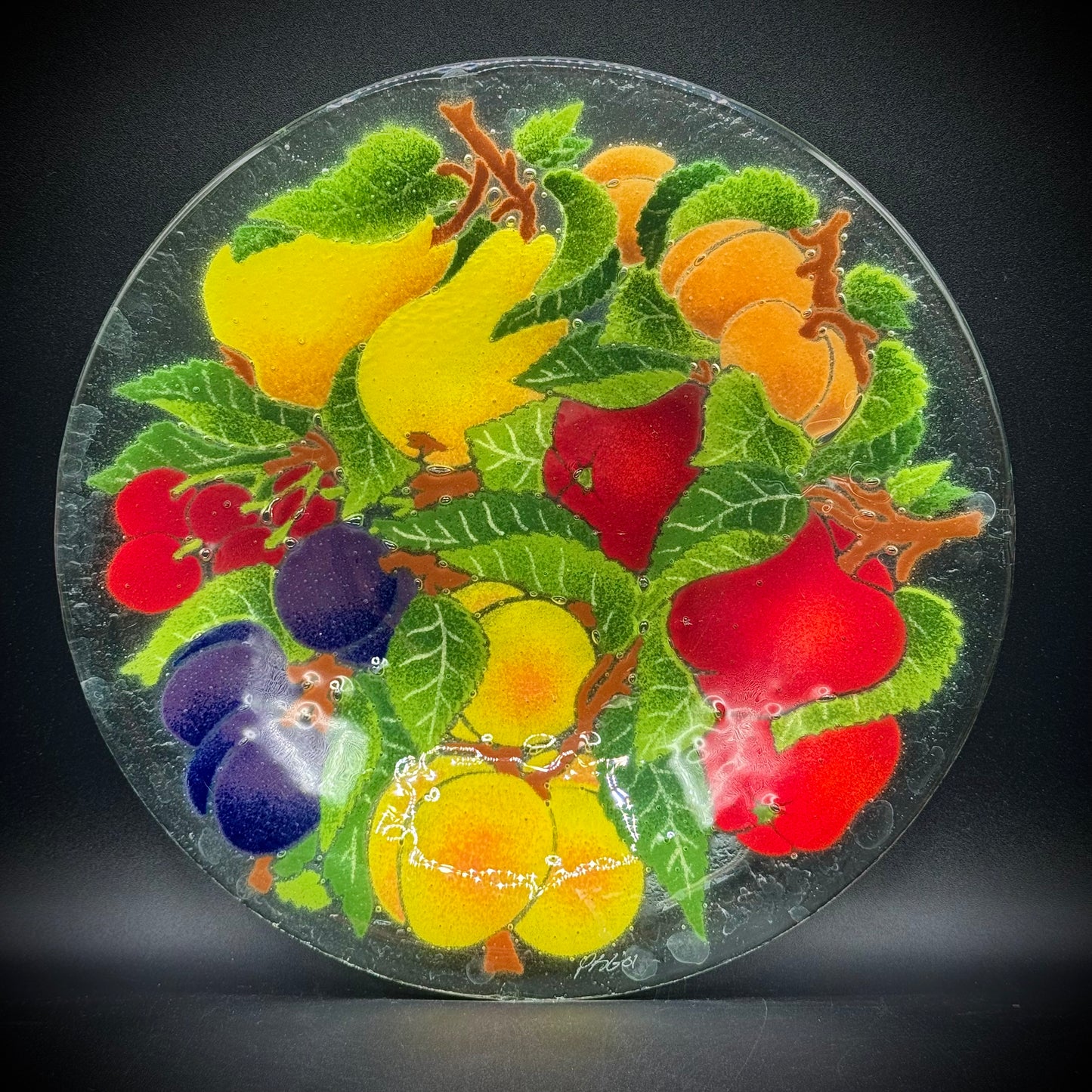 Artist Peggy Karr Signed Large Round Fruit Motif Art Glass Dish