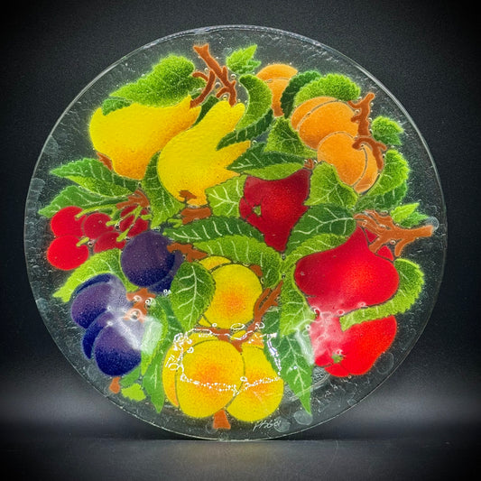 Artist Peggy Karr Signed Large Round Fruit Motif Art Glass Dish