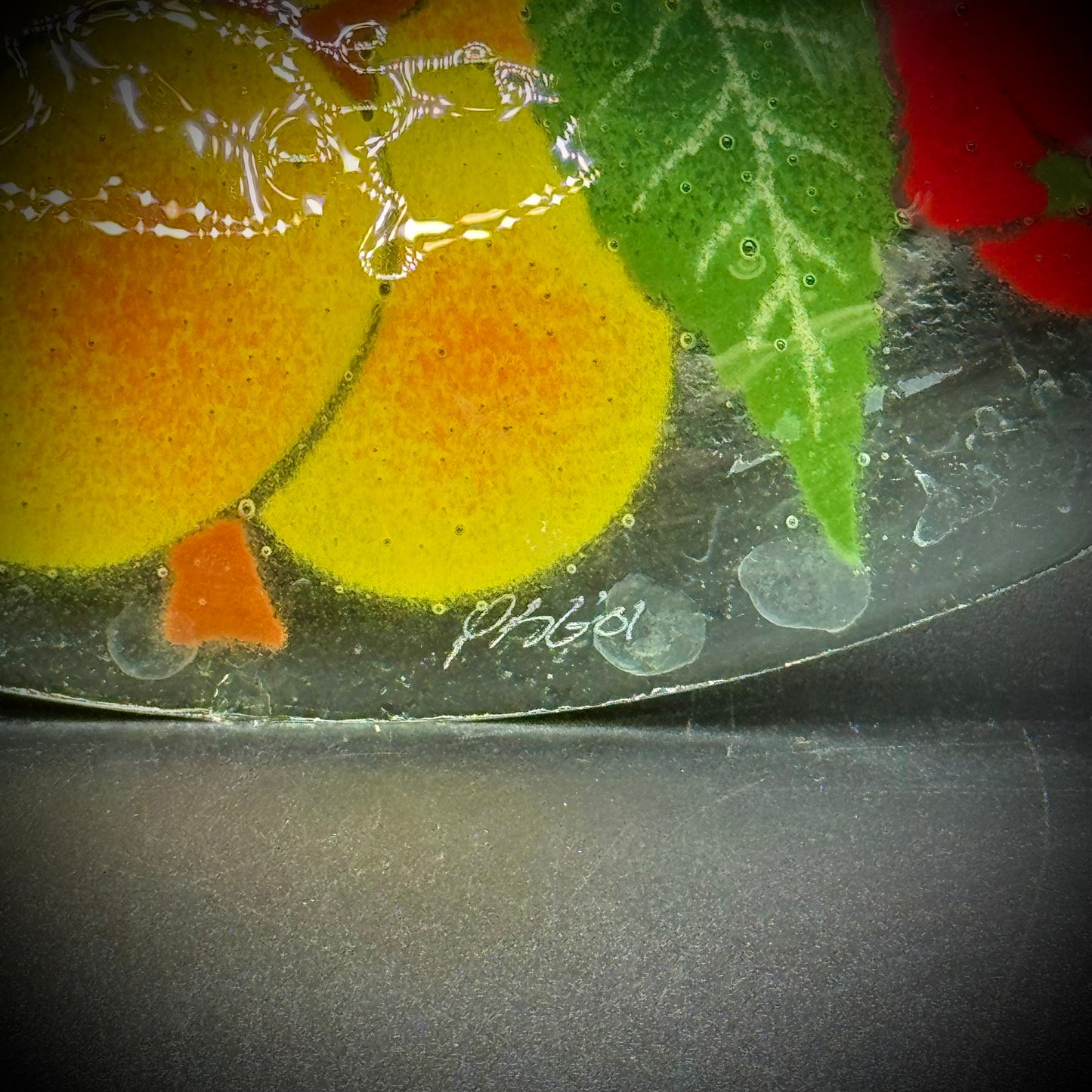 Artist Peggy Karr Signed Large Round Fruit Motif Art Glass Dish