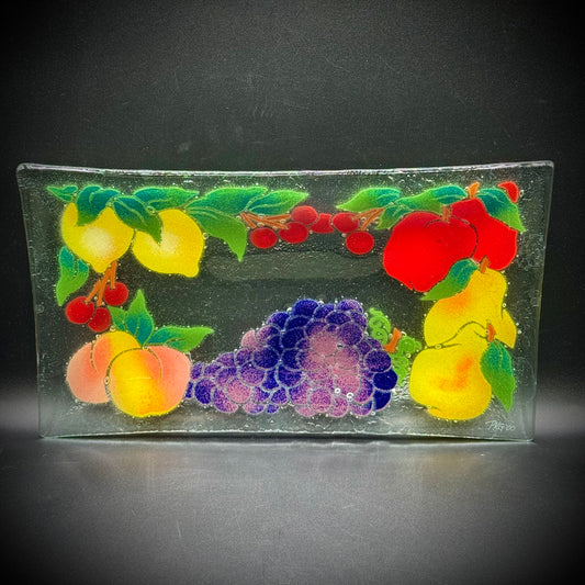 Artist Peggy Karr Signed Fruit Motif Art Glass Platter