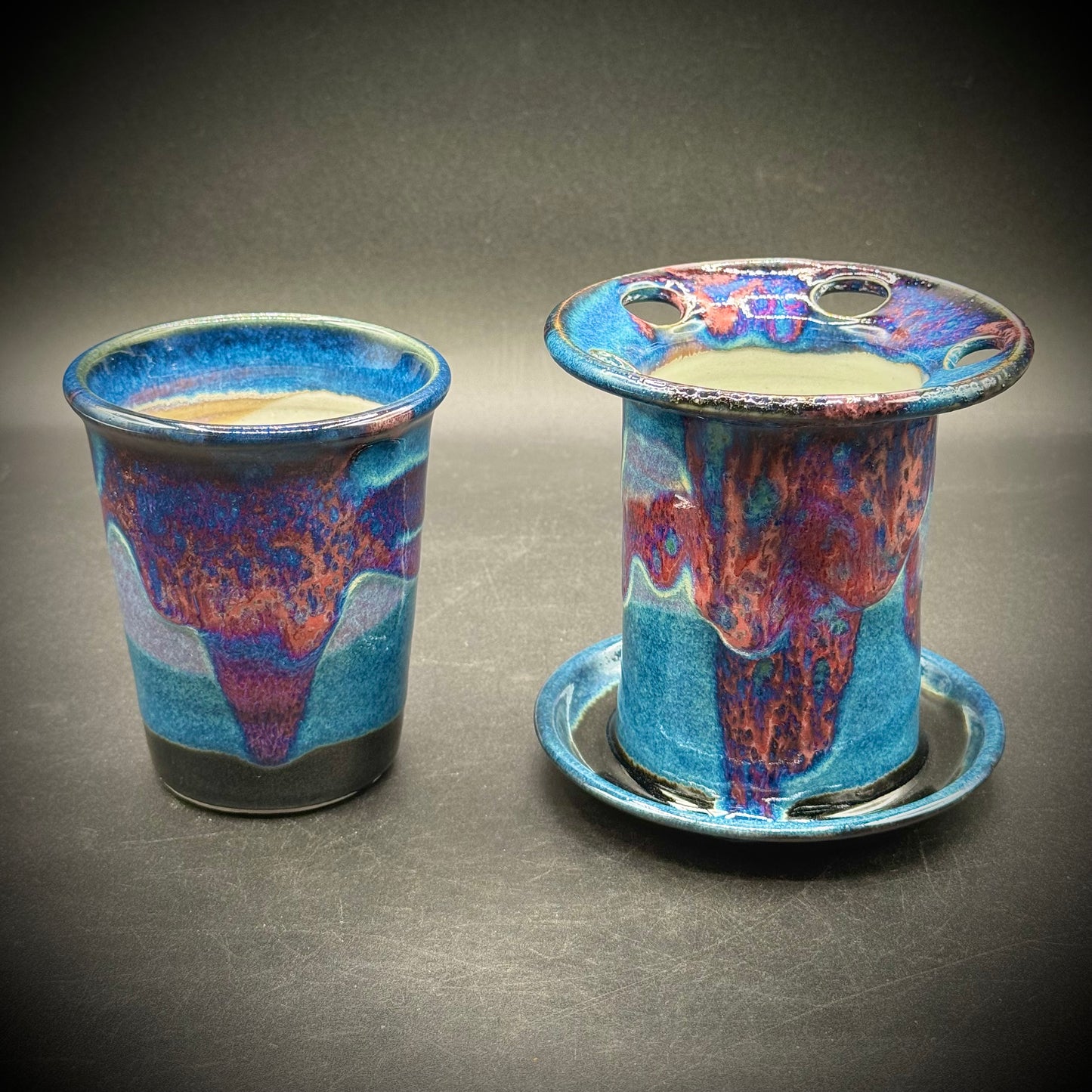 Artist Rick Petteford Signed Drip Glaze Pottery Cup & Toothbrush Holder