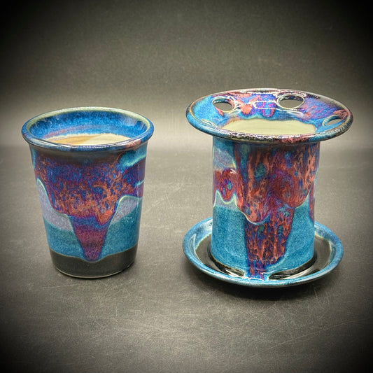 Artist Rick Petteford Signed Drip Glaze Pottery Cup & Toothbrush Holder