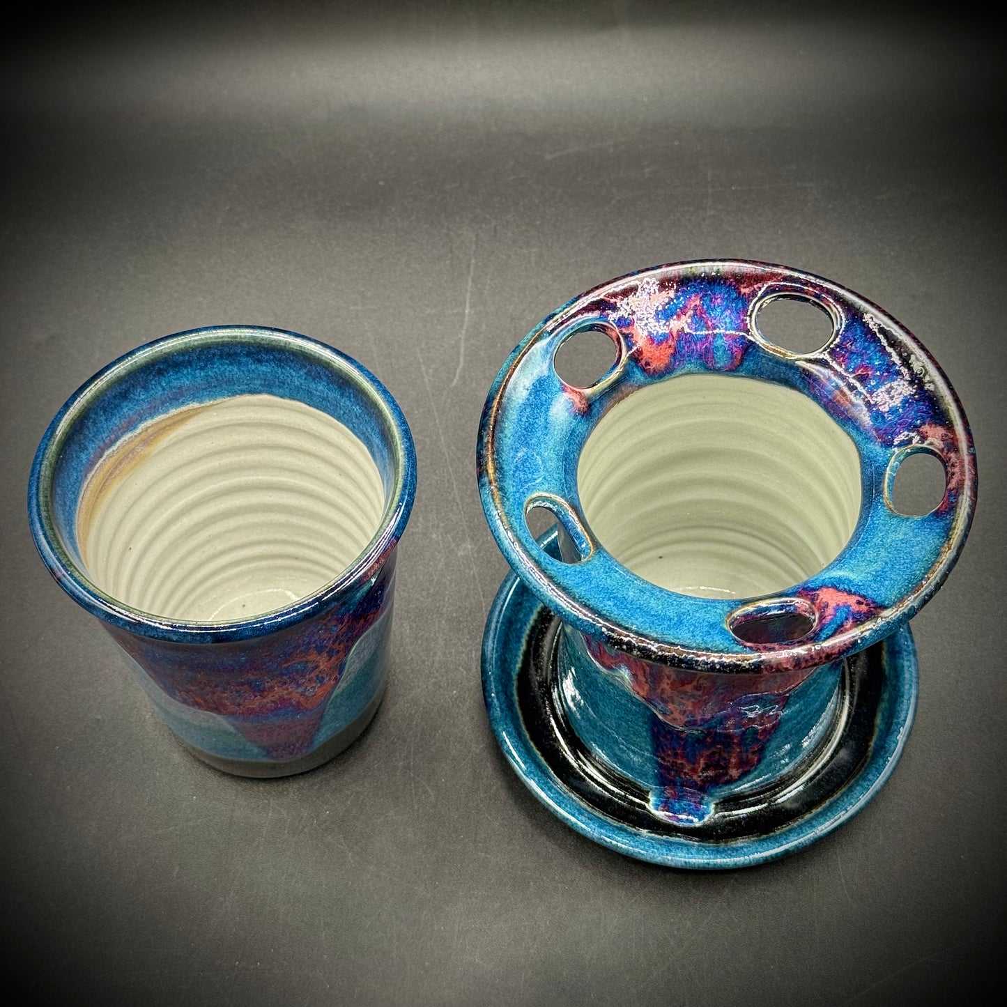 Artist Rick Petteford Signed Drip Glaze Pottery Cup & Toothbrush Holder