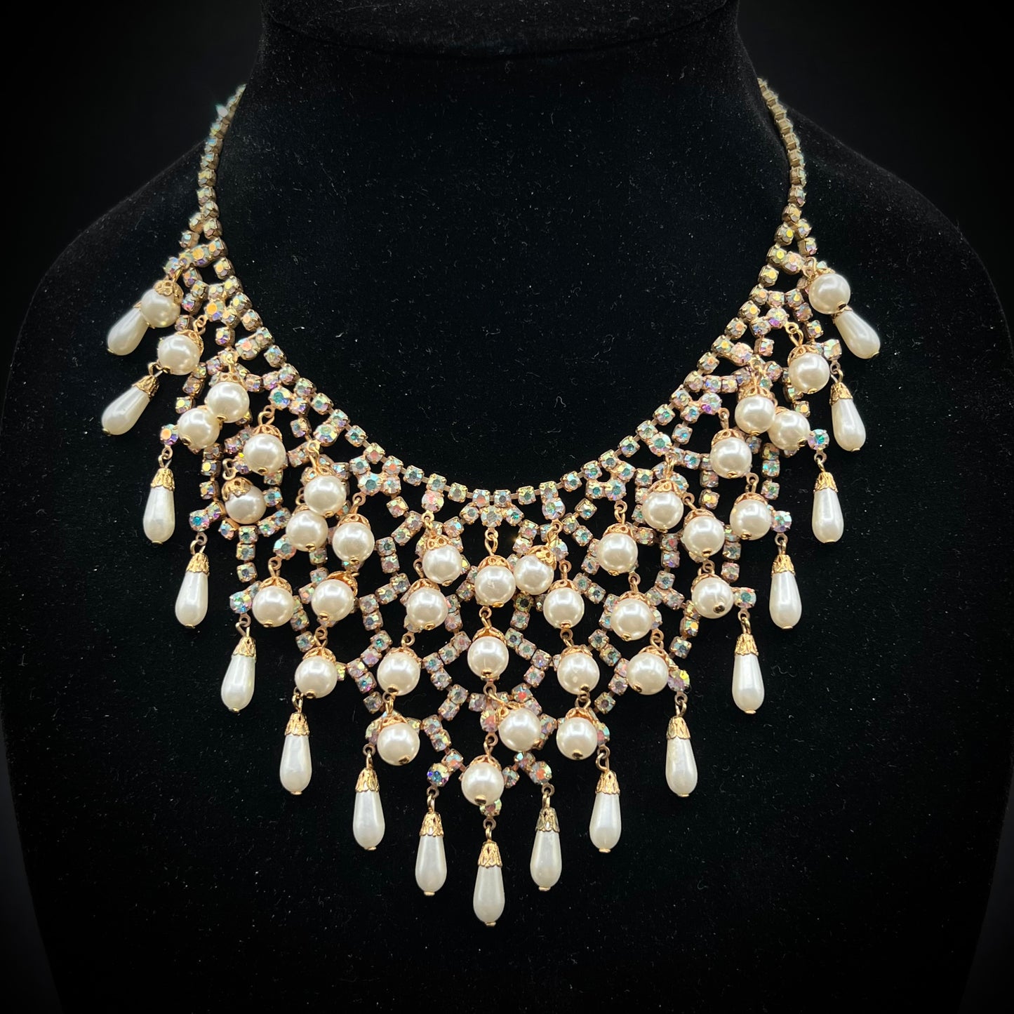 Incredible Vintage Bib Necklace ft. Aurora Borealis Stones & Various Shaped Pearls