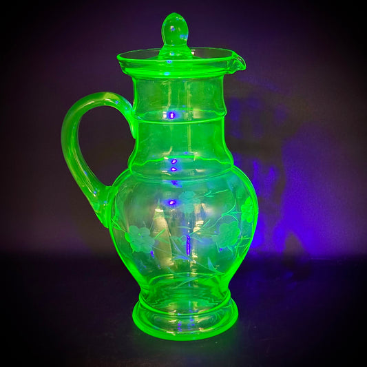 Stunning Large Uranium Glass Etched Pitcher with Lid