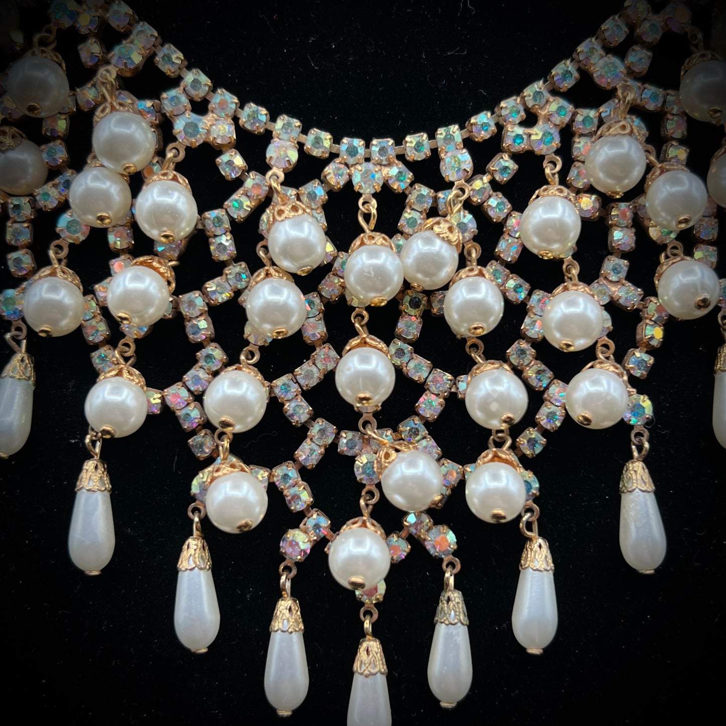 Incredible Vintage Bib Necklace ft. Aurora Borealis Stones & Various Shaped Pearls