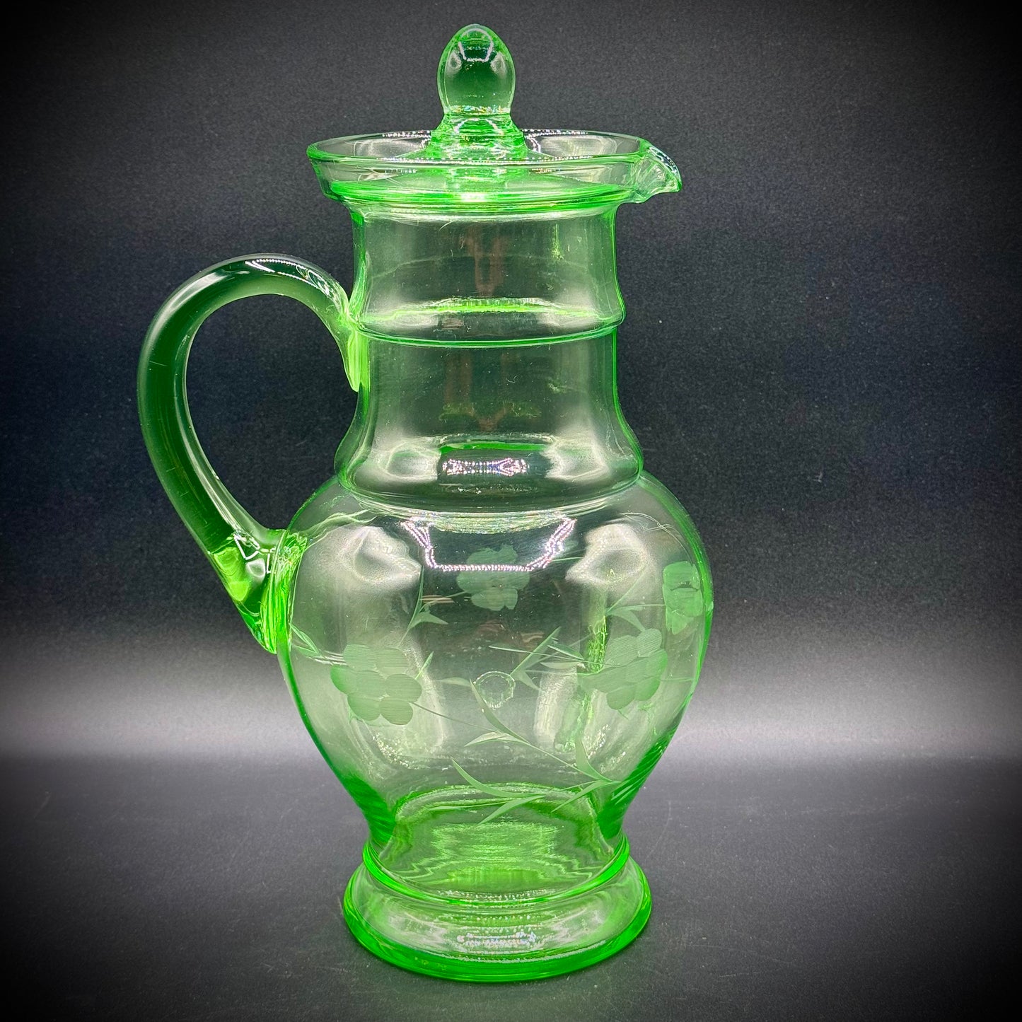Stunning Large Uranium Glass Etched Pitcher with Lid