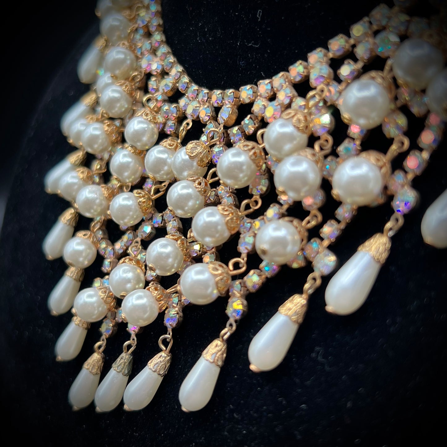 Incredible Vintage Bib Necklace ft. Aurora Borealis Stones & Various Shaped Pearls