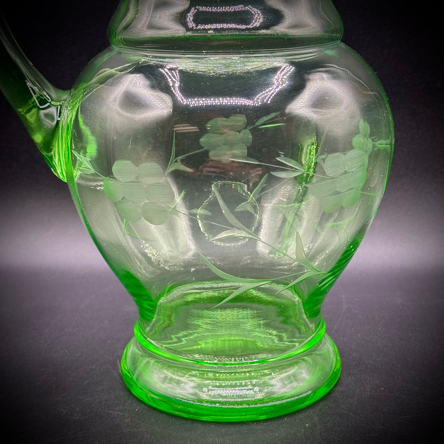 Stunning Large Uranium Glass Etched Pitcher with Lid