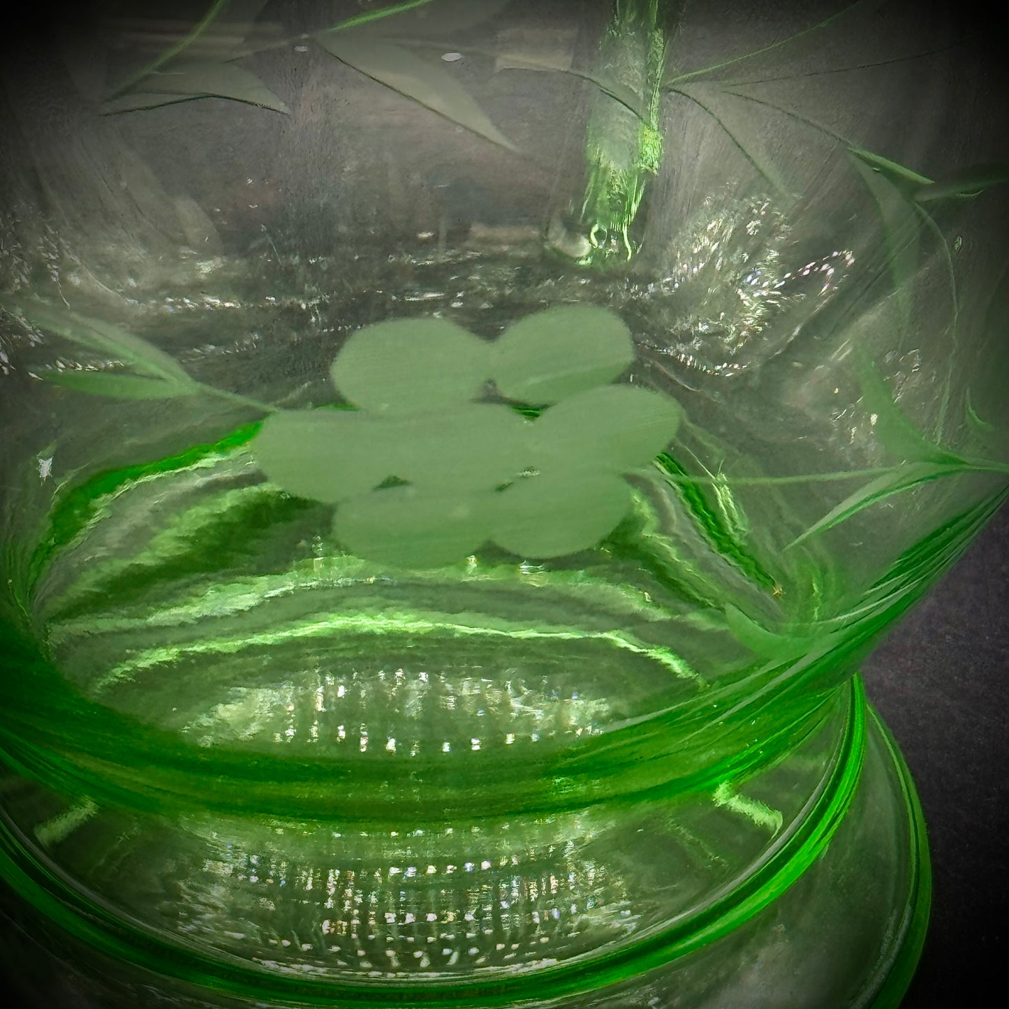 Stunning Large Uranium Glass Etched Pitcher with Lid
