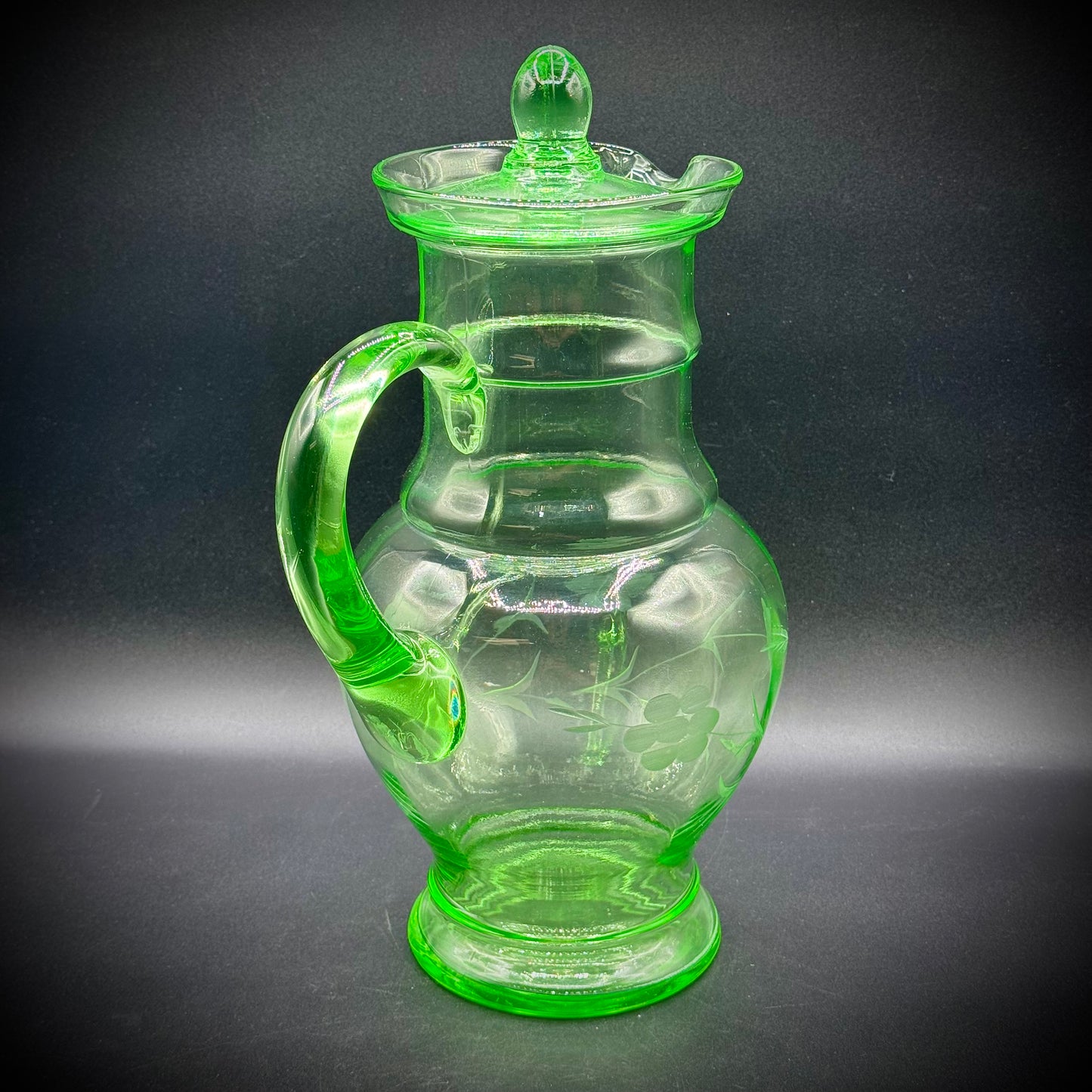 Stunning Large Uranium Glass Etched Pitcher with Lid