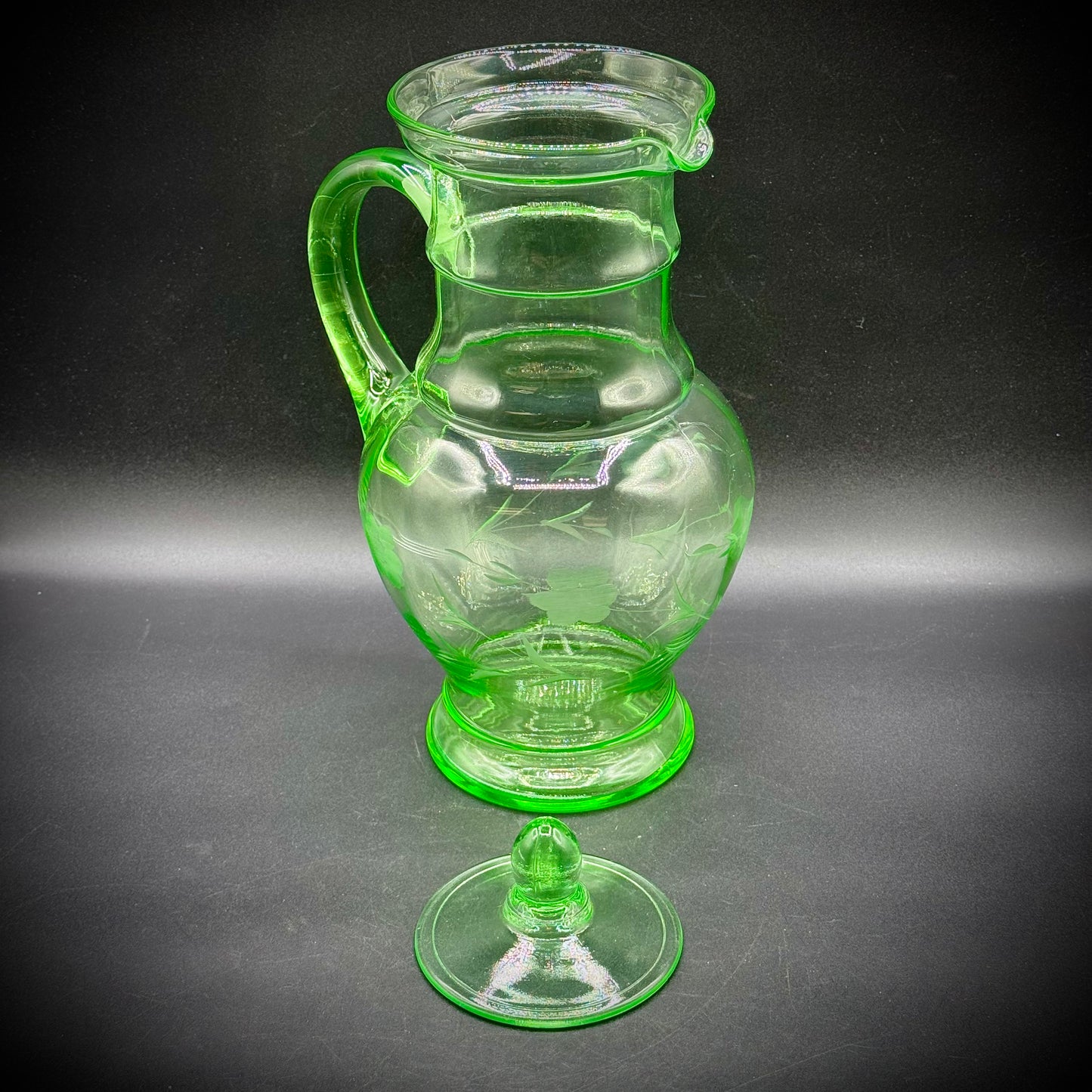 Stunning Large Uranium Glass Etched Pitcher with Lid