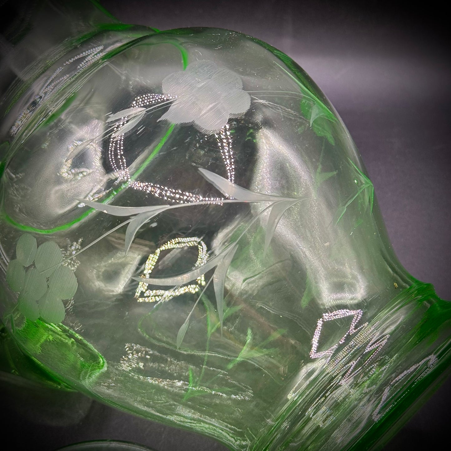 Stunning Large Uranium Glass Etched Pitcher with Lid