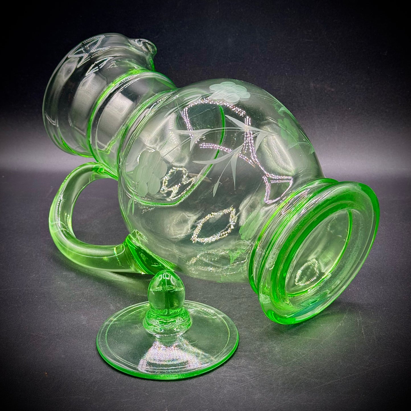 Stunning Large Uranium Glass Etched Pitcher with Lid