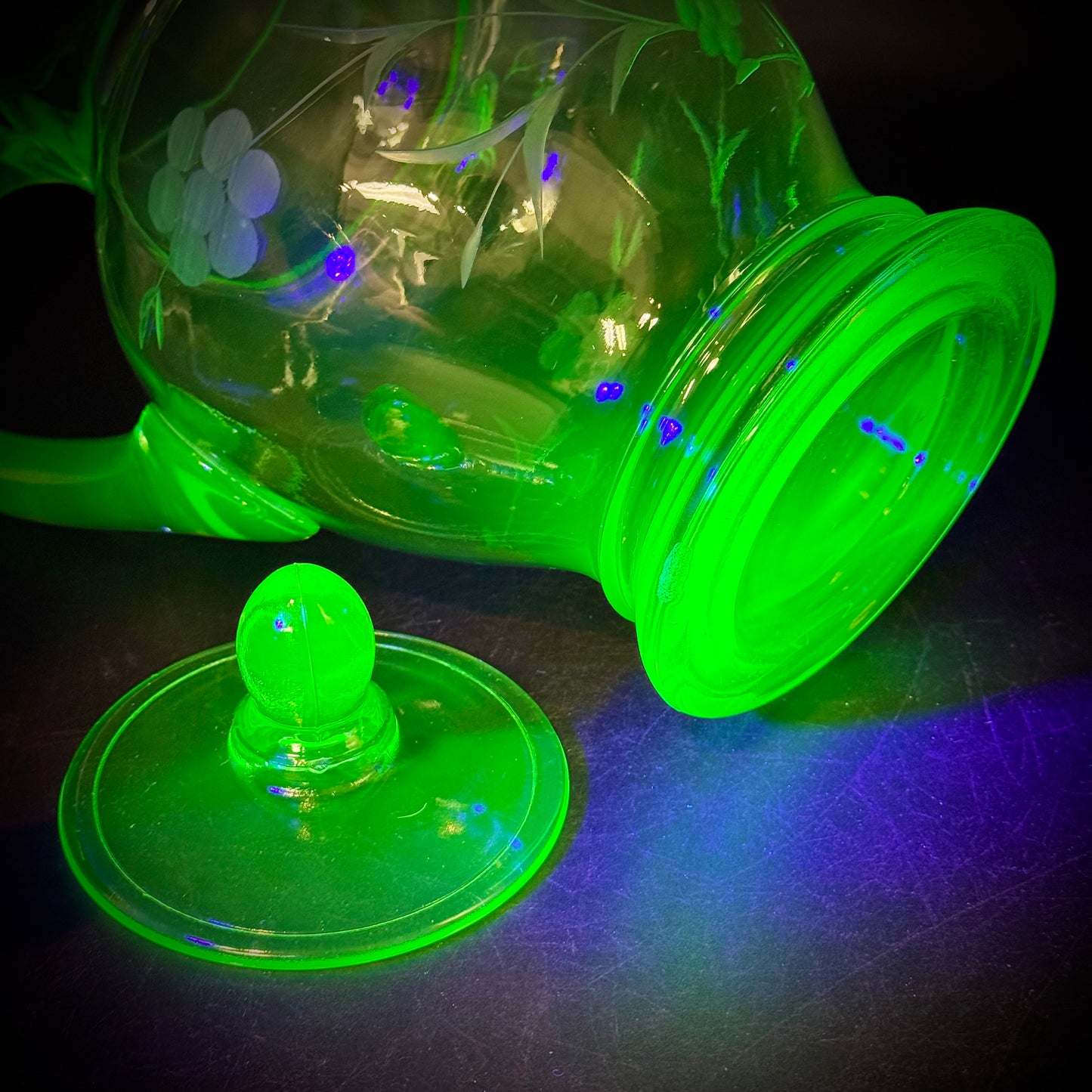 Stunning Large Uranium Glass Etched Pitcher with Lid