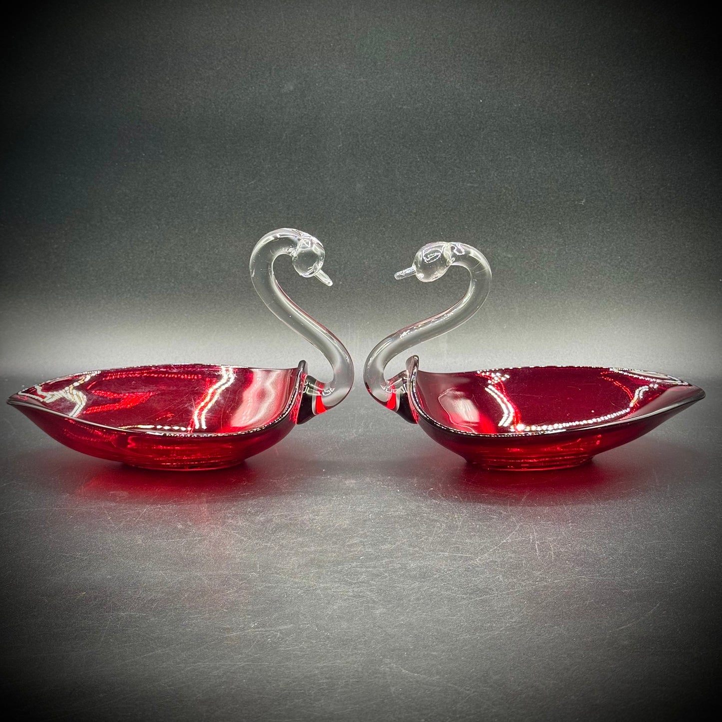 Pair of Vintage Duncan Miller Blown Glass Swan Dishes