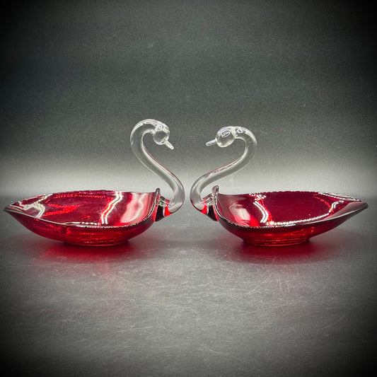 Pair of Vintage Duncan Miller Blown Glass Swan Dishes