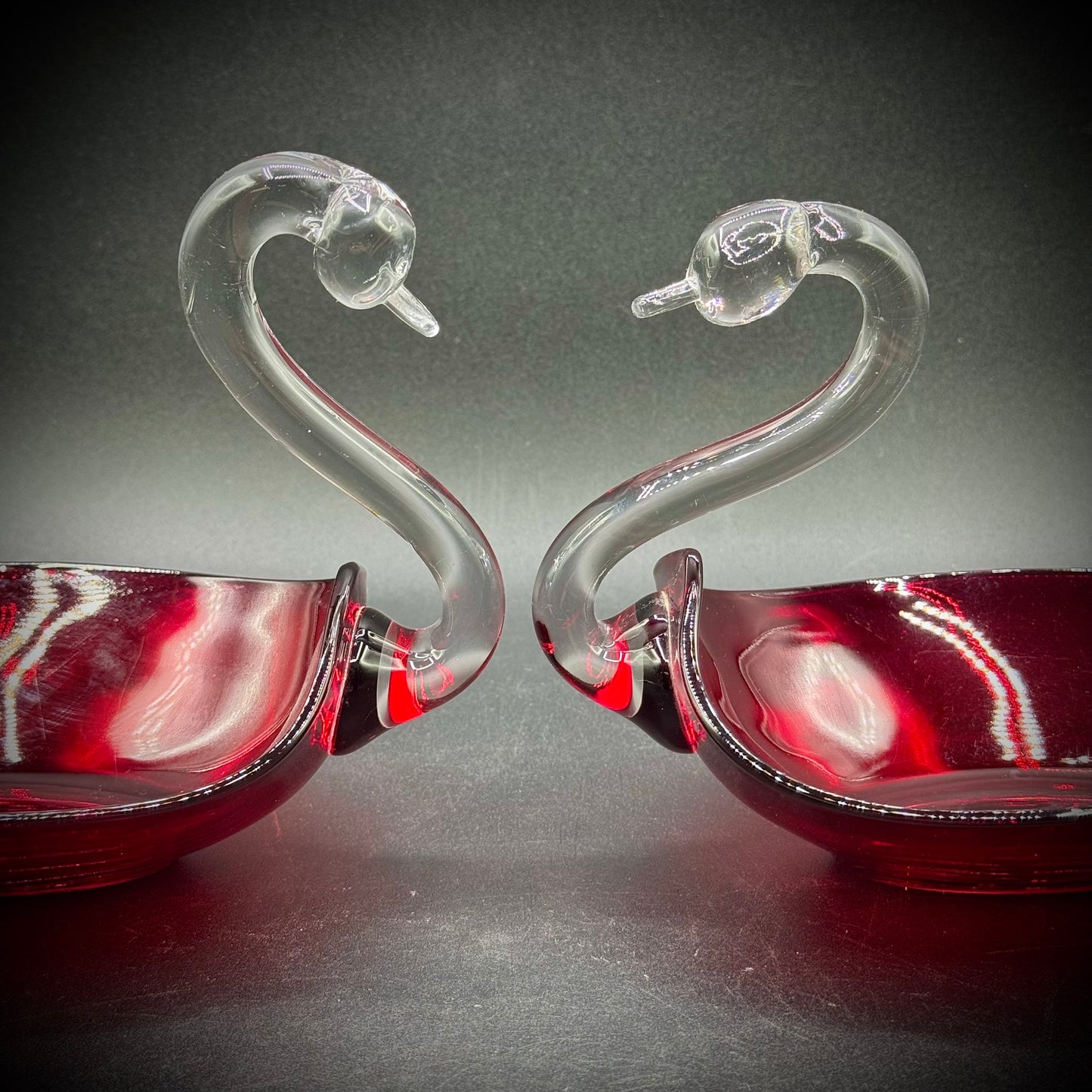 Pair of Vintage Duncan Miller Blown Glass Swan Dishes