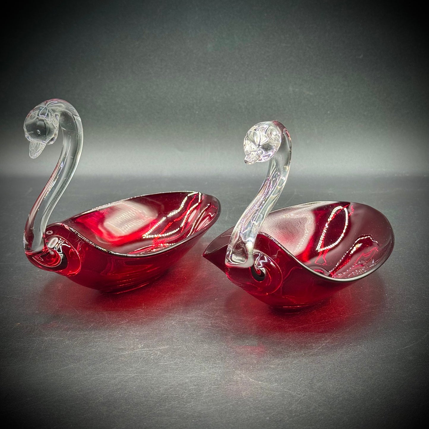 Pair of Vintage Duncan Miller Blown Glass Swan Dishes