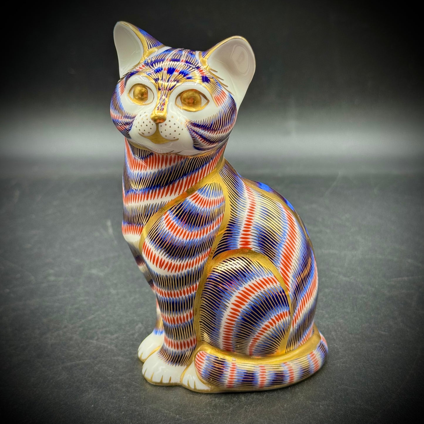 For Cara: Incredible Vintage Royal Crown Derby Imari Striped Cat Sculpture