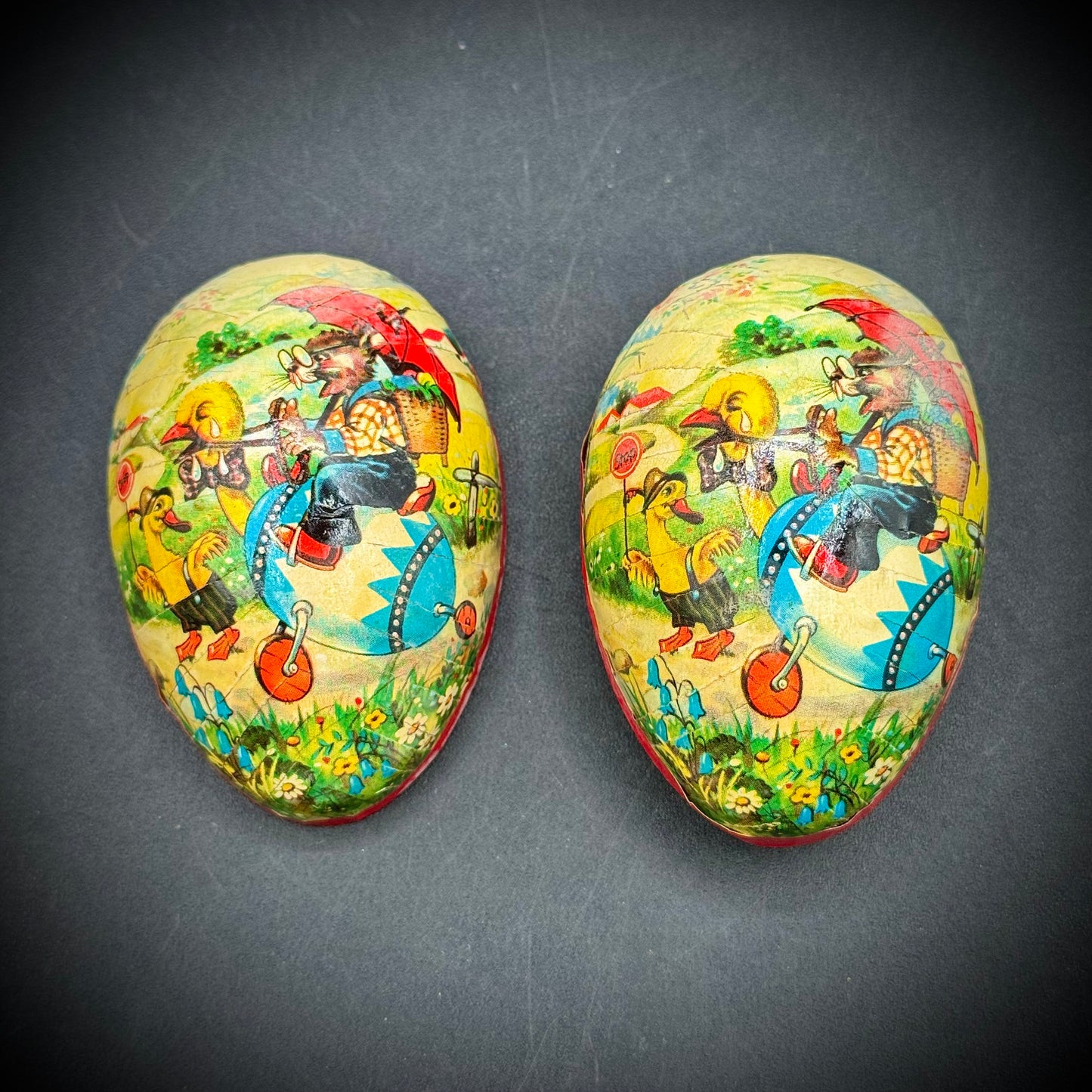 Vintage West Germany Papier Mache Egg Container with Wolf & Duck Motif