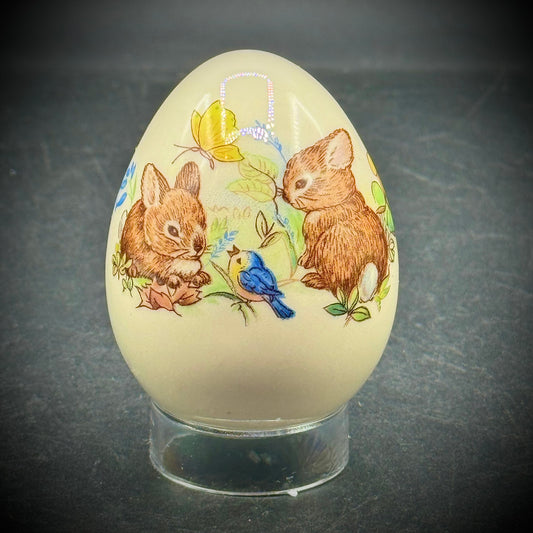 Vintage Painted Porcelain Egg with Bunnies, Birds & Butterflies