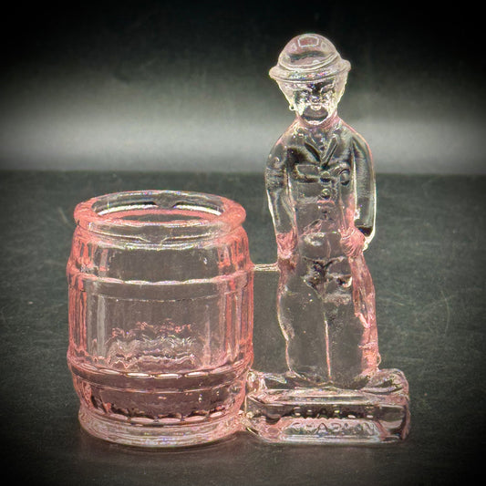 Vintage 1930s Pink Depression Glass Charlie Chaplin & Barrel Toothpick Holder