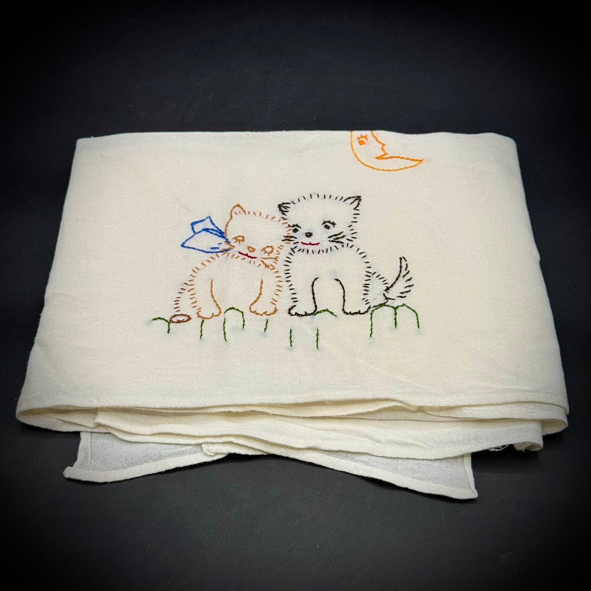 Hand Embroidered Kittens & Half Moon Large Tea Towel