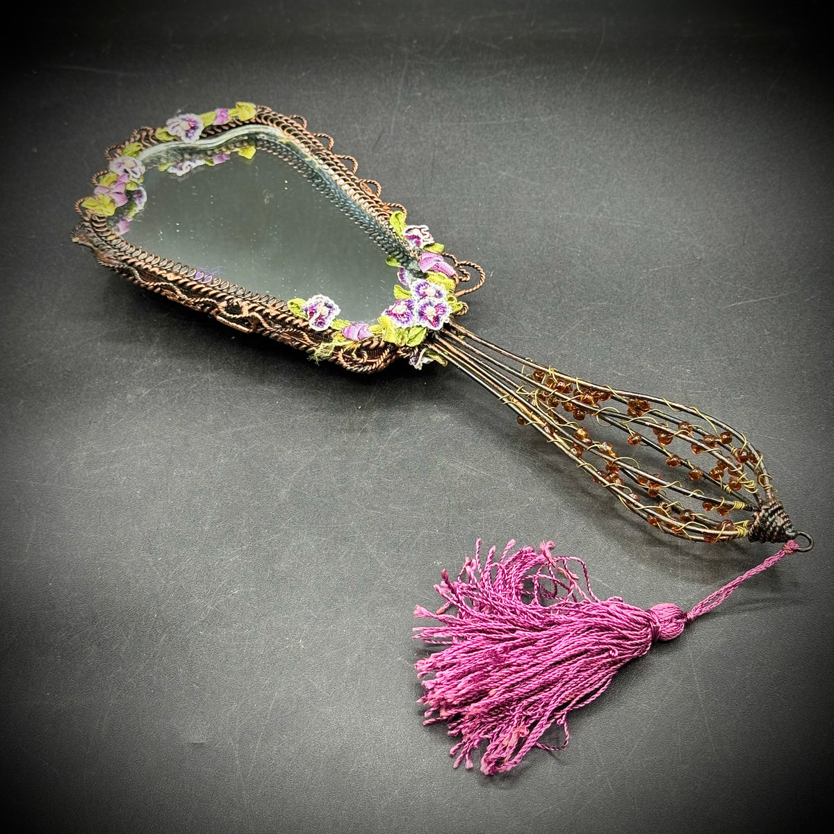 Vintage Ornate Maroon Velvet Hand Mirror with Flower Motif