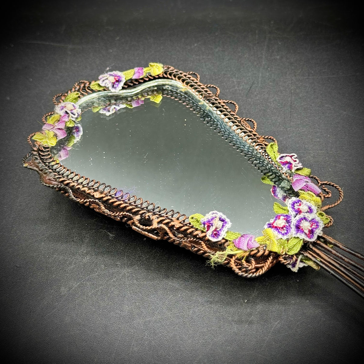 Vintage Ornate Maroon Velvet Hand Mirror with Flower Motif