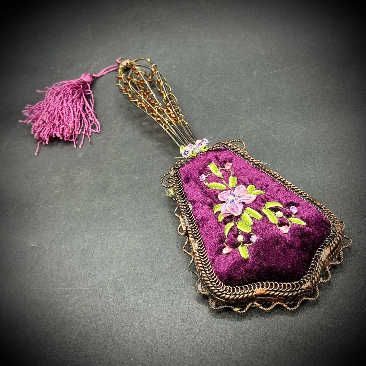 Vintage Ornate Maroon Velvet Hand Mirror with Flower Motif