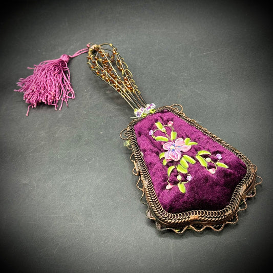 Vintage Ornate Maroon Velvet Hand Mirror with Flower Motif