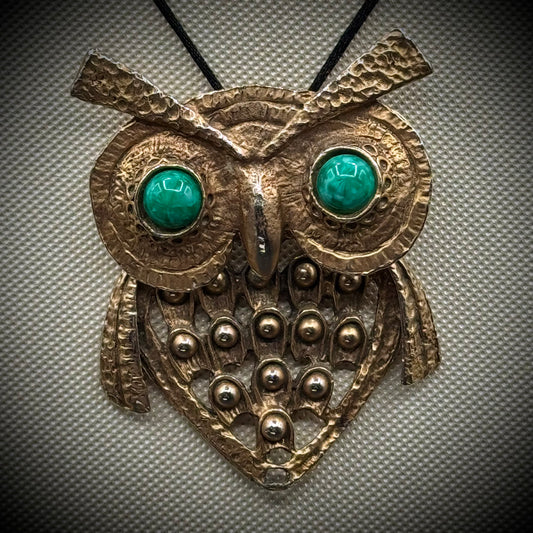 Vintage Mod Articulating Metal Owl Pendant on Black Cord