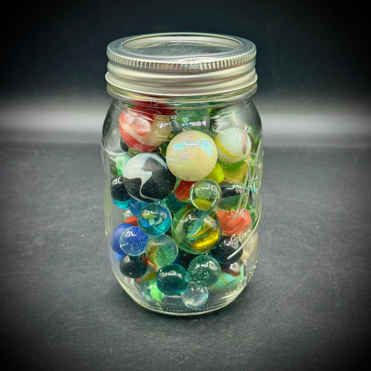 Vintage Kerr Jar Full of Small and Large Marbles