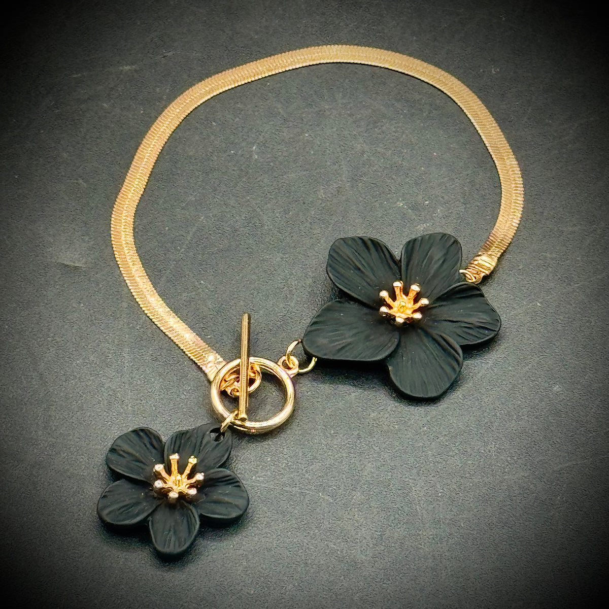 Flower Bracelet with Gold Metal Serpentine Chain & Toggle Closure