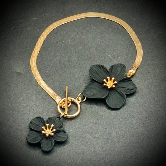 Flower Bracelet with Gold Metal Serpentine Chain & Toggle Closure